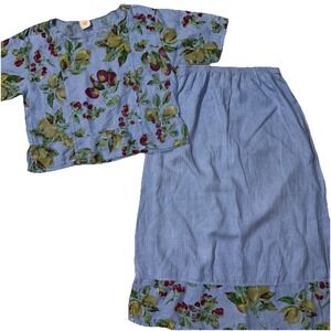 TomTom California L 100% Linen Fruit‎ Floral Emma Skirt Set Lagenlook Artsy Boxy